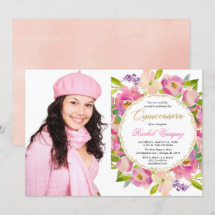 Blush roze koraalgoud floral Quinceanera foto Kaart