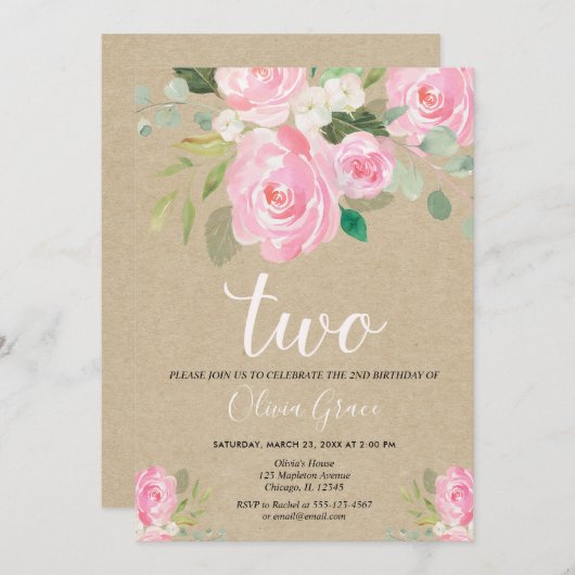 Blush roze kraft 2e verjaardag bloemmeisje verjaar kaart (Voorkant / Achterkant)