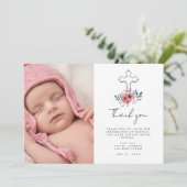Blush Roze Kruis Bloemen Foto Doop Bedankkaart (Staand voorkant)