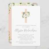 Blush Roze Kruis en Bloemen Eerste Heilige Communi Kaart (Voorkant / Achterkant)