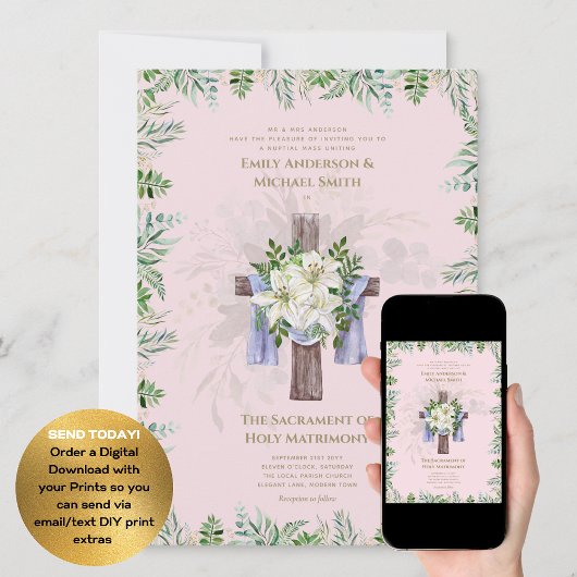 Blush Roze Kruis Katholieke Nuptial Mass Bruiloft Kaart