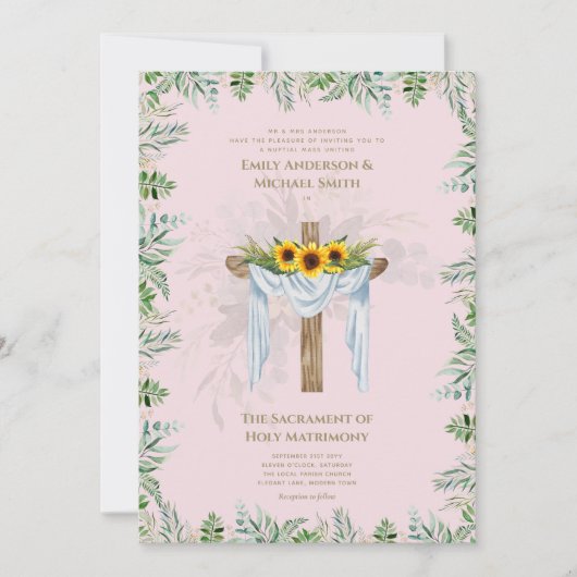 Blush Roze Kruis Katholieke Nuptial Mass Bruiloft Kaart (Voorkant)