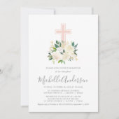 Blush roze kruis met crème bloemen, meisje doop kaart (Voorkant)