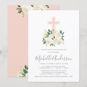 Blush roze kruis met crème bloemen, meisje doop kaart
