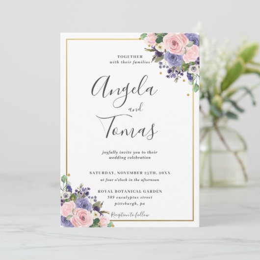 Blush Roze Lavendel Paarse Bloemen Groen Bruiloft Kaart (Staand voorkant)