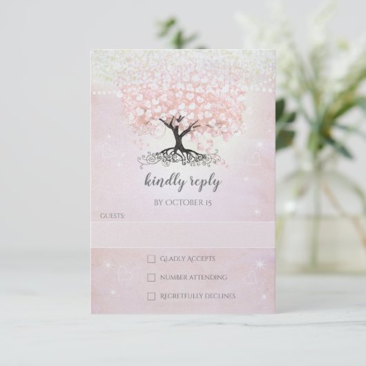 Blush roze leder bomen Boom Bind RSVP in Kaart (Staand voorkant)