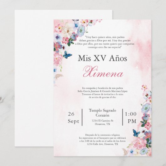 Blush Roze Lente Bloem Quinceañera uitnodiging (Voorkant / Achterkant)