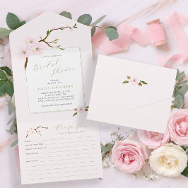 Blush roze lente bloemenrecept met vrijgezellenfee all in one uitnodiging