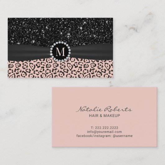 Blush roze leopard Black Glitter Event Planning Visitekaartje (Voorkant / Achterkant)