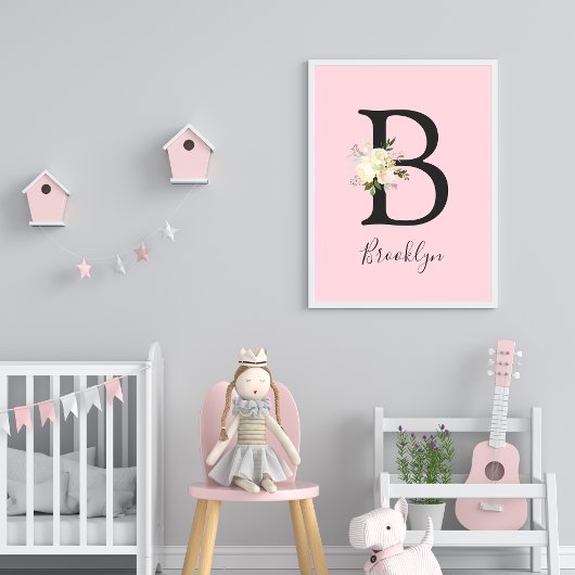 Blush roze letter 'B' Nursery Name Wall Art Poster