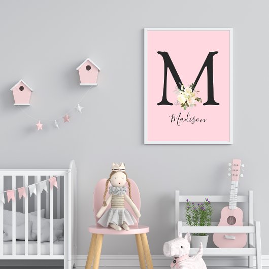 Blush roze letter 'M' Nursery Name Wall Art Poster