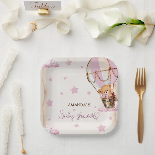 Blush Roze Lichtbruin Beren ballonnen Baby shower Papieren Bordje (Huwelijk)