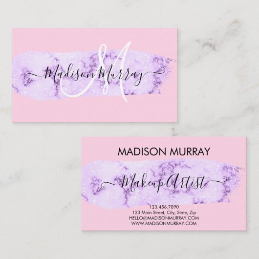 Blush Roze & Lila Paarse Unicorn Monogram naam Visitekaartje (Voorkant / Achterkant)