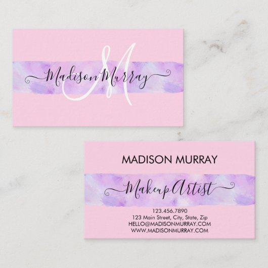 Blush Roze & Lila Paarse Unicorn Monogram naam Visitekaartje (Voorkant / Achterkant)