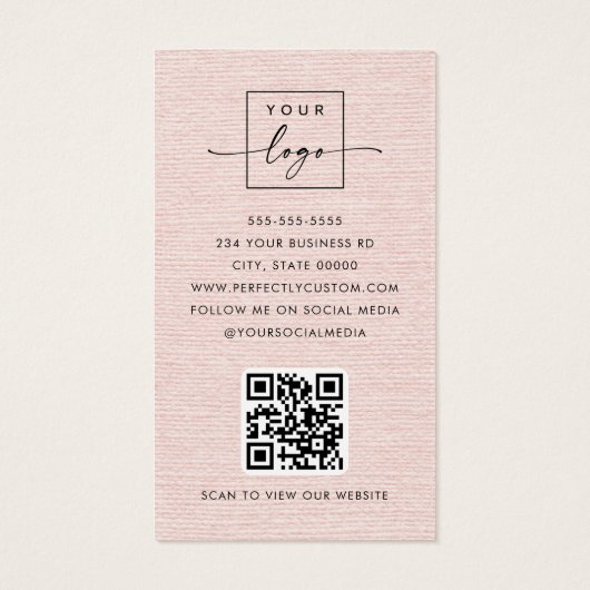 Blush roze linnen look logo QR code visitekaartjes (Achterkant)