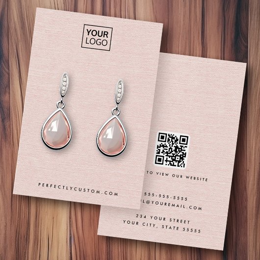 Blush roze linnen look logo QR oorbel display kaar Visitekaartje