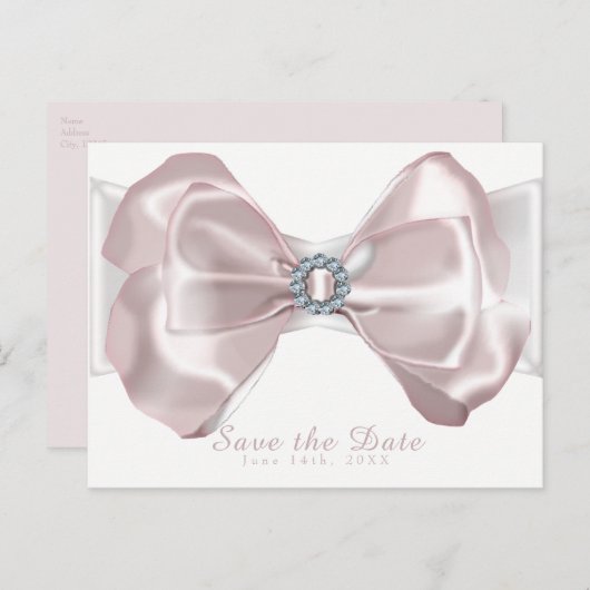 Blush roze lint & diamanten legant Opslaan datum Aankondigingskaart (Voorkant / Achterkant)