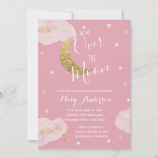Blush Roze Maan en Sterren Waterverf Baby shower Kaart (Voorkant)