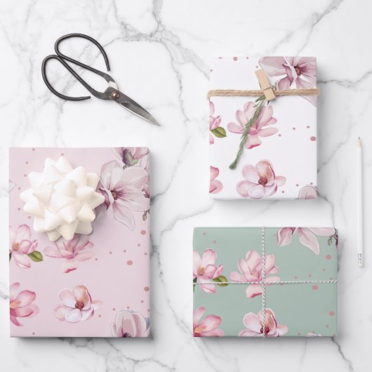 Blush Roze Magnolia Bloemen Waterverf Gift Inpakpapier Vel (Voorkant)