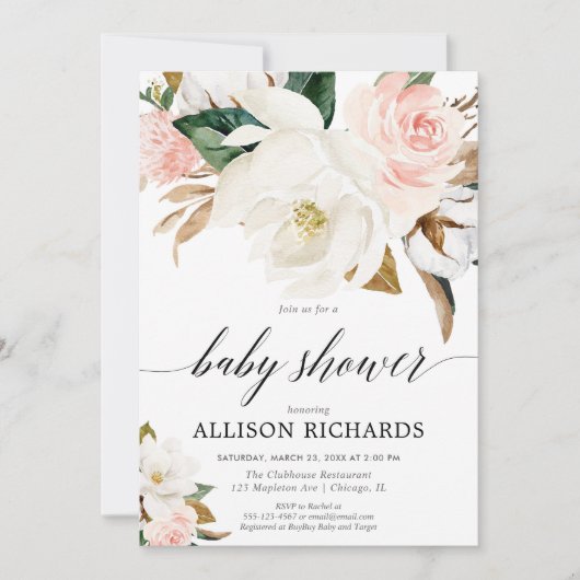 Blush roze magnolia bloemenrustiek meisje baby sho kaart (Voorkant)