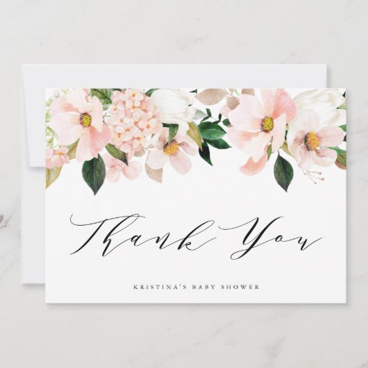 Blush Roze Magnolia en Hydrangea Baby shower Bedankkaart (Voorkant)