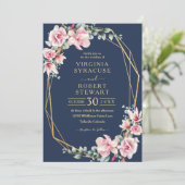 Blush Roze Magnolia Geometrische Blauwe Navy Trouw Kaart (Staand voorkant)