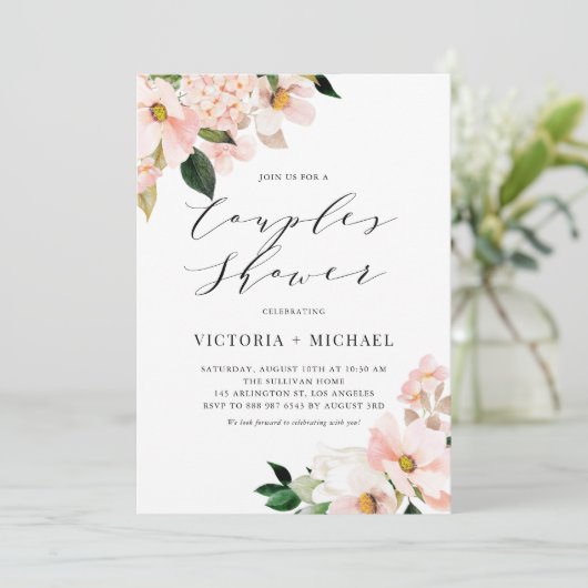 Blush Roze Magnolia's en Hydrangeas Koppels Douche Kaart (Staand voorkant)