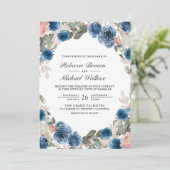 Blush Roze Marine Blauw Bloemen Foto QR Code Huwel Kaart (Staand voorkant)