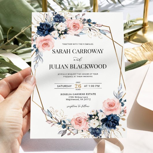 Blush Roze Marine Blauw Bloemen Goud Geometrische  Kaart