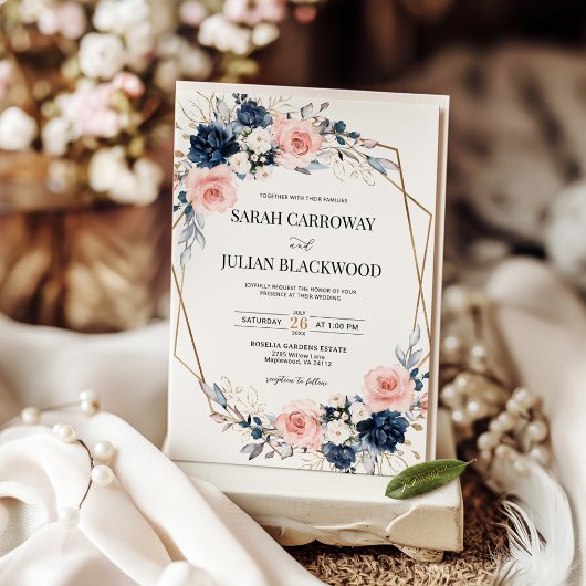 Blush Roze Marine Blauw Bloemen Goud Geometrische  Kaart