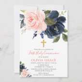 Blush roze marine blauw bloemeneerste heilige comm kaart (Voorkant)