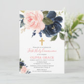 Blush roze marine blauw bloemeneerste heilige comm kaart (Staand voorkant)