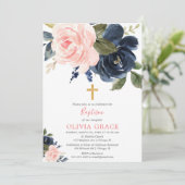 Blush roze marine blauw bloemenmeisje doop kaart (Staand voorkant)