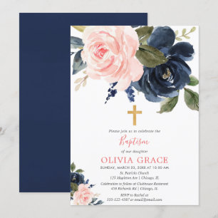 Blush roze marine blauw bloemenmeisje doop kaart
