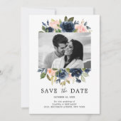 Blush Roze Marine Blauwe Bloemen Bruiloft Foto Save The Date (Voorkant)