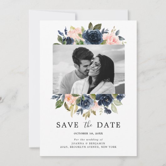 Blush Roze Marine Blauwe Bloemen Bruiloft Foto Save The Date (Voorkant)