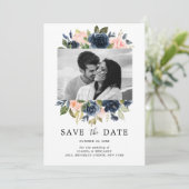 Blush Roze Marine Blauwe Bloemen Bruiloft Foto Save The Date (Staand voorkant)