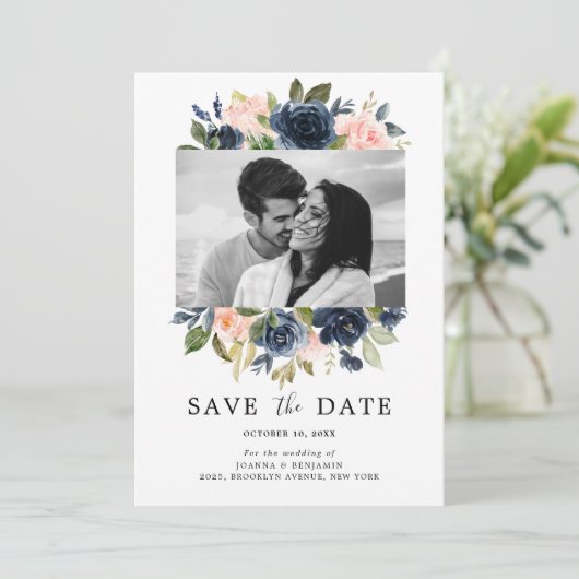 Blush Roze Marine Blauwe Bloemen Bruiloft Foto Save The Date (Staand voorkant)