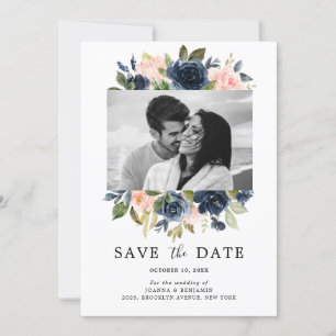 Blush Roze Marine Blauwe Bloemen Bruiloft Foto Save The Date