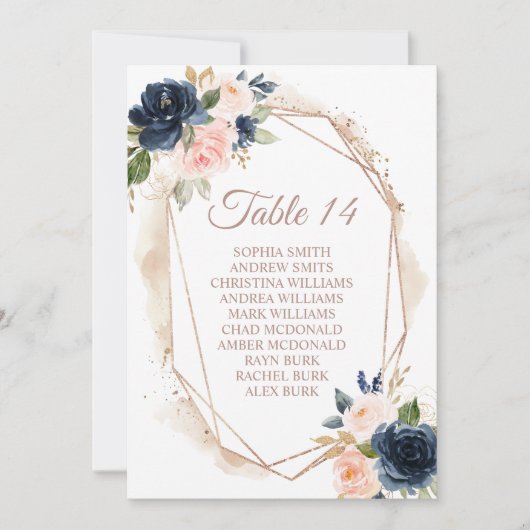 Blush roze, marine & Gold Wedding Chart Kaart (Voorkant)