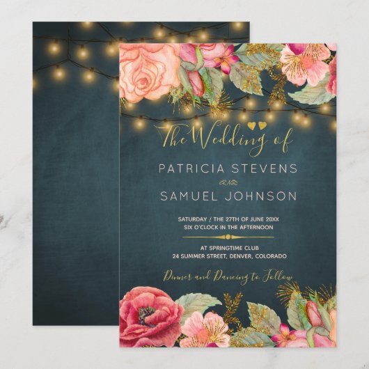 Blush roze marine goud romantische bloemen bruilof kaart (Voorkant / Achterkant)