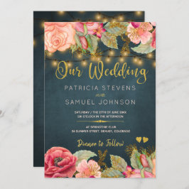 Blush roze marine gouden rozen typografie bruiloft kaart