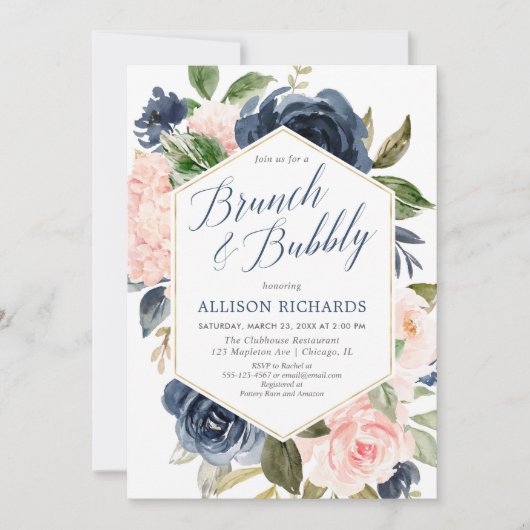 Blush roze marineblauw brunch bubbly vrijgezellenf kaart (Voorkant)
