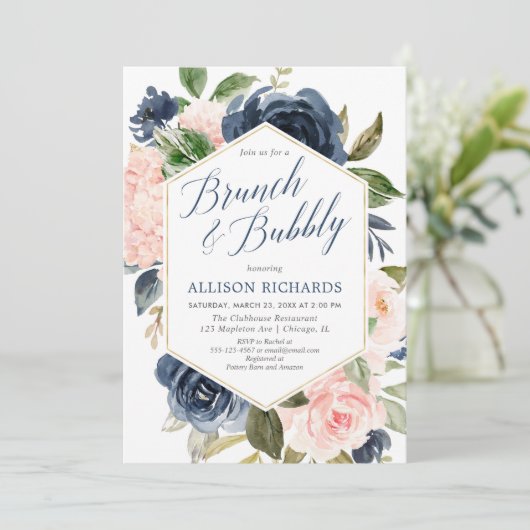Blush roze marineblauw brunch bubbly vrijgezellenf kaart (Staand voorkant)