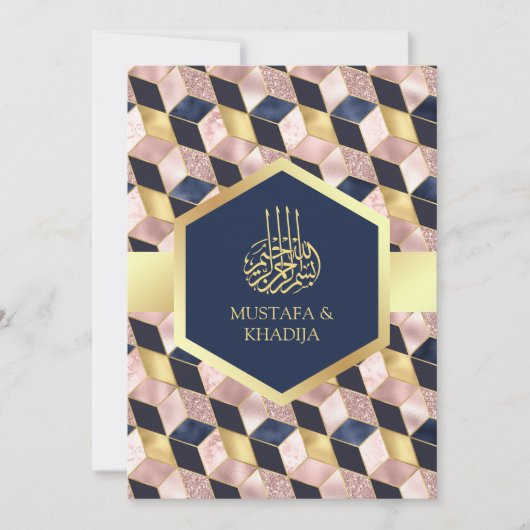 Blush roze marineblauw Geometrische moslimhuwelijk Kaart (Voorkant)