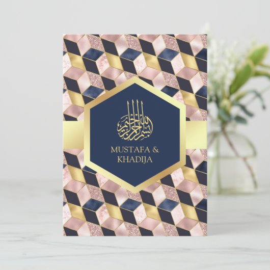Blush roze marineblauw Geometrische moslimhuwelijk Kaart (Staand voorkant)