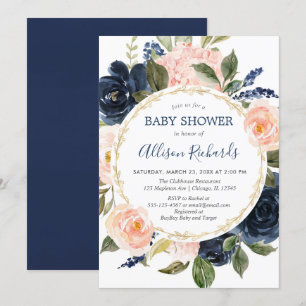 Blush roze marineblauw goud elegant baby shower kaart