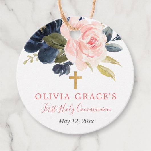 Blush roze marinegoud floral first holy communie bedankjes labels (Voorkant)