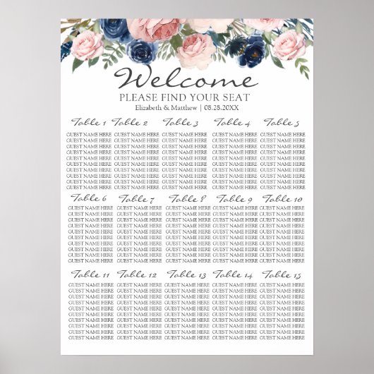 Blush roze marineslag blauwe vlinderzittingskaart poster (Voorkant)