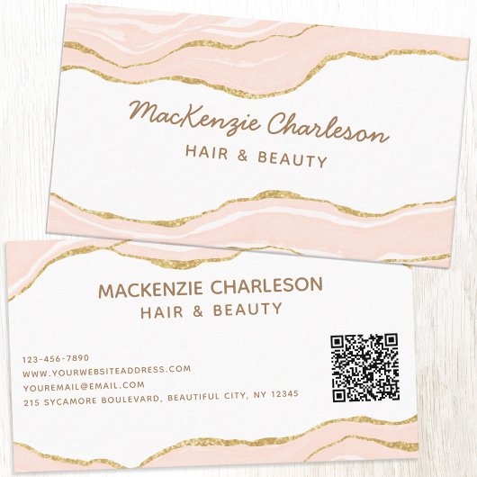 Blush Roze Marmer Agaat Goud Glitter QR Code Visitekaartje